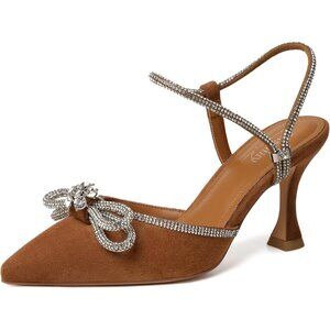 Women's Rhinstone Brown Strap Bow Closed Toe Adjustable Pumps Heeled Shoes